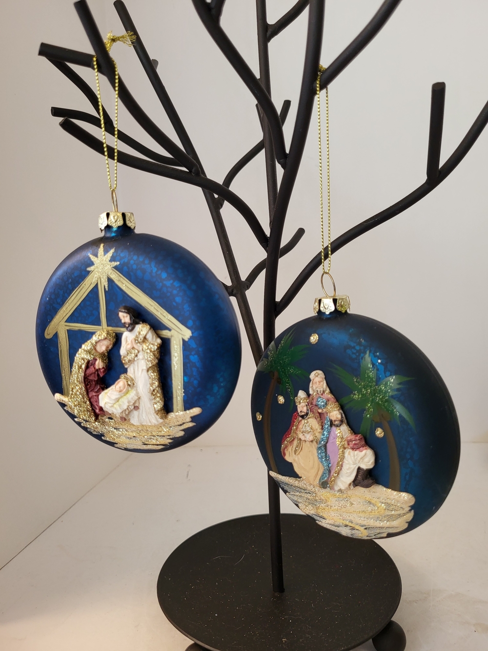 Pier 1 Hand-Painted 3-D Relief Blue Nativity Glass Ornament S/2